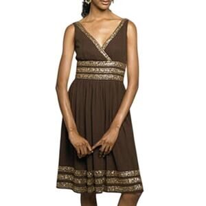 Adrianna Silk Sequin Detail Sleeveless A Line Dress Size 12 Brown Gold